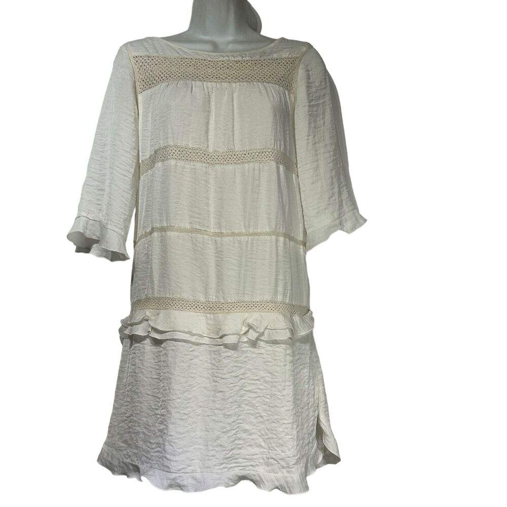 Who What Wear White Ivory Ruffle Tiered Crochet 3/4 Sleeve Short Dress Size S - Picture 3 of 7